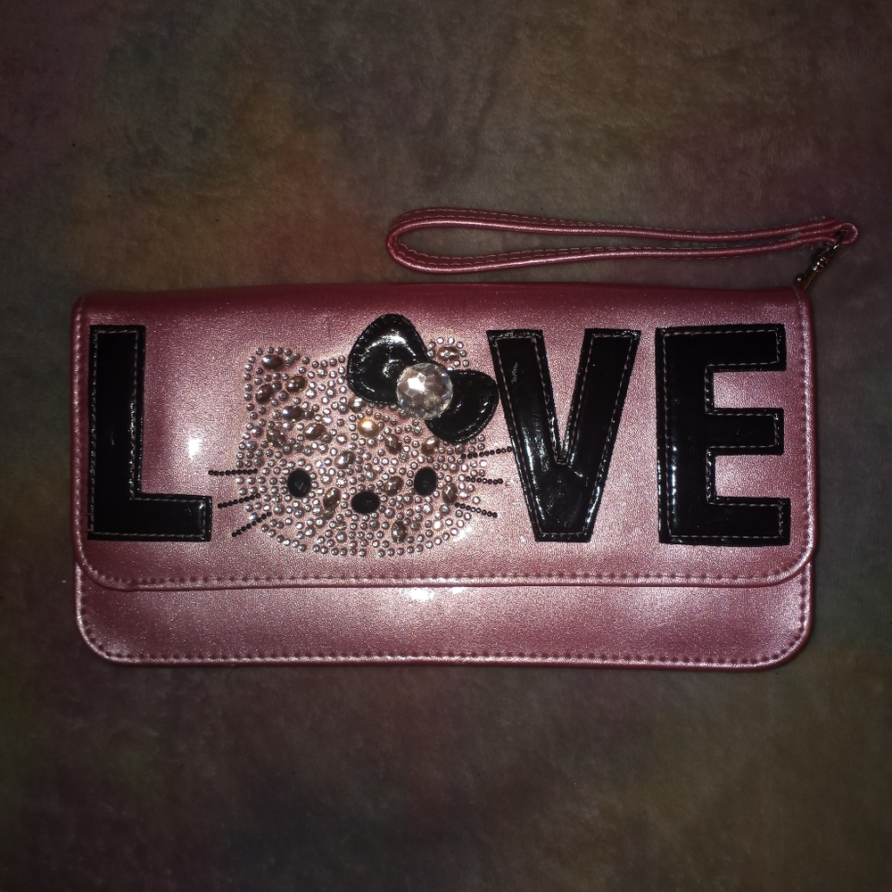 Hello Kitty Loungefly Barbie Pink Metallic Rhinestone Love Wristlet Clutch